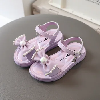 Kožne cipele za korejski djevojke; Novo ljeto 2022 godine; svakodnevne dječje sandale na mekom potplatima za male Princeze; modni ravnici od manekenske cipele s lukom
