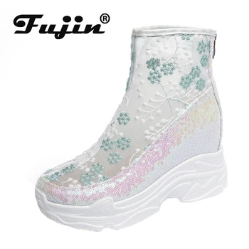 Fujin/2022, Ženske ljetne cipele, Sandale na Platformu 8cm, Držači Čizme za Žene, Čizme na petu cipele, Sandale, Ženske čipke cipele s okruglim vrhom