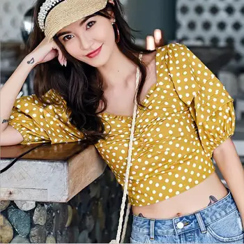 Francuski žuta košulja, grašak, ljeto 2020, novi korejski seksi otvorena kratka majica s pupka, Plaža college, Valovita košulja, top