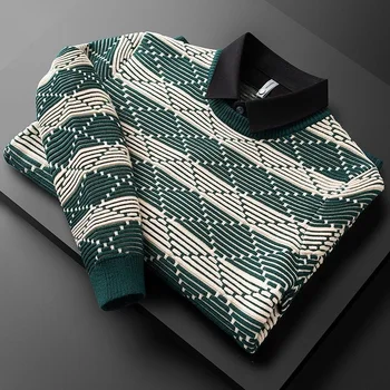 moderan europski i američki boji kontrastnoj ovratnik košulje na pruge, lažni dvije veste, Muške zimske debeli topli pleteni puloveri, gospodo