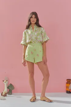 Alemai * godišnja ženska majica i kratke hlače komplet 100% lanena водолазка ovratnik pola rukava i kratke hlače cvjetni casual stil