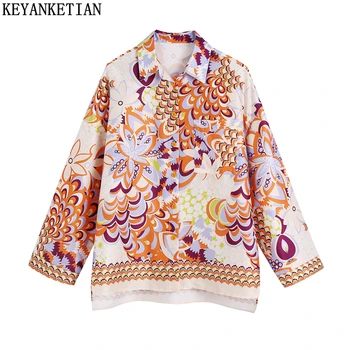 KEYANKETIAN Proljeće-jesen je novi casual košulja u retro stilu sa kolor блокирующим тотемным po cijeloj površini s lapels i dugim rukavima, ženska košulja