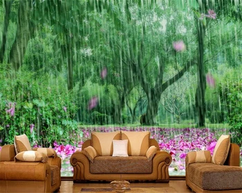 Beibehang Prilagođenu pozadinu freske Priroda krajolik svježa zelena nijansa ružičaste latice TV pozadina zida 3d pozadina od papier-mache