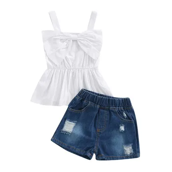 Kit ljetne odjeće za Djevojčice, Običan Majice bez Rukava s Lukom + Poderane Traperice i kratke hlače s fleksibilnim gumicom u struku